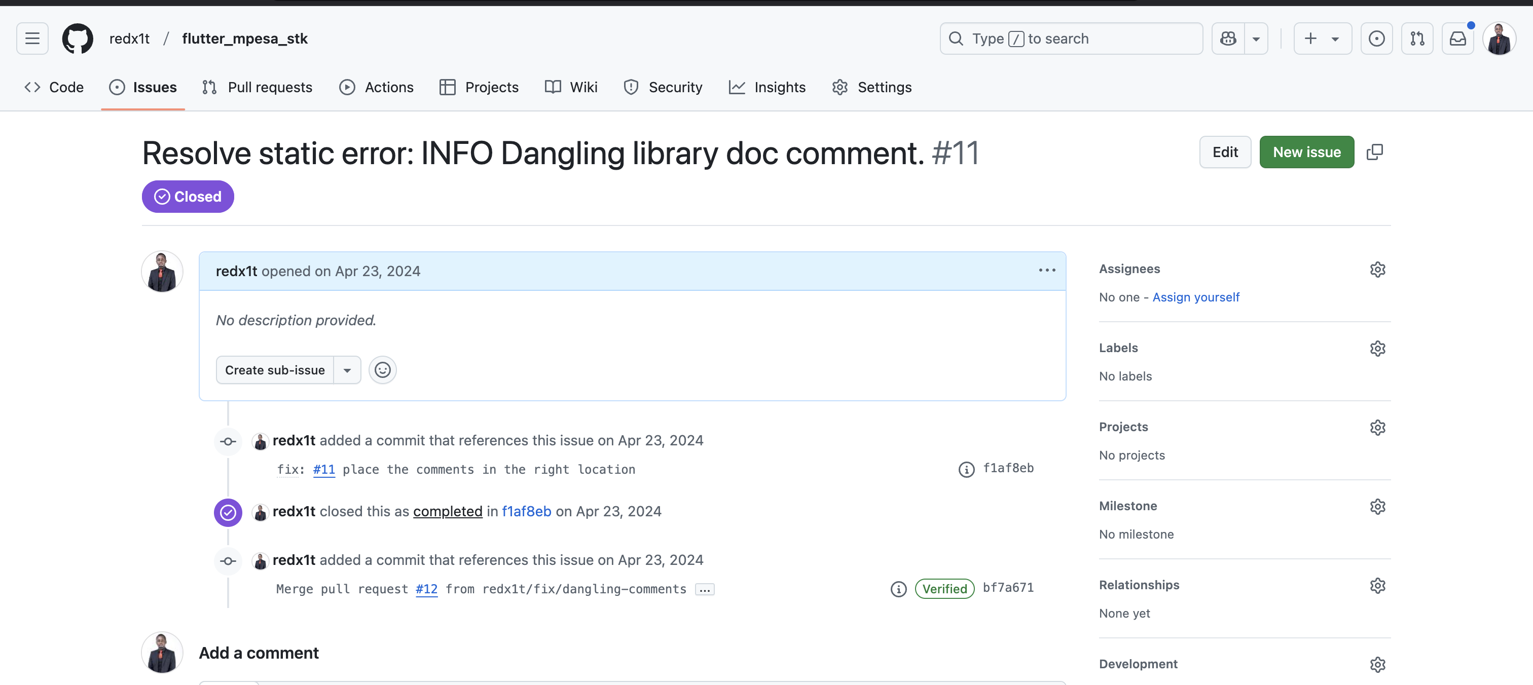Flutter: Resolving a dangling library comment in flutter